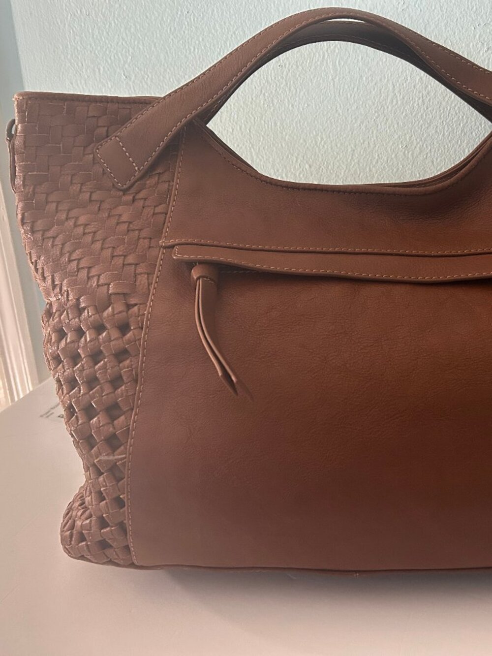 Brown Genuine Leather Woven Tote Satchel Shoulder Bag - Picture 2 of 16
